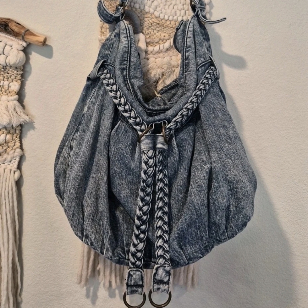 Vtg Denim Braided Detail Zipper Closure Boho Bohemian Hobo Shoulder Bag
